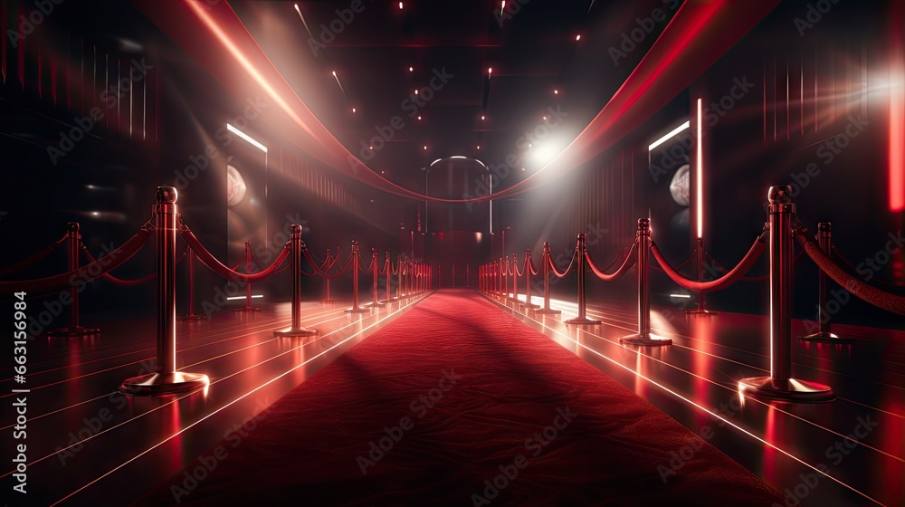Red carpet between rope barriers in the party - obrazy, fototapety, plakaty 
