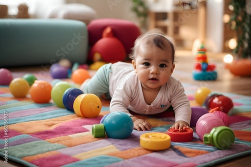 Baby during tummy time, effort to lift their head and engage with colorful toys on the mat.