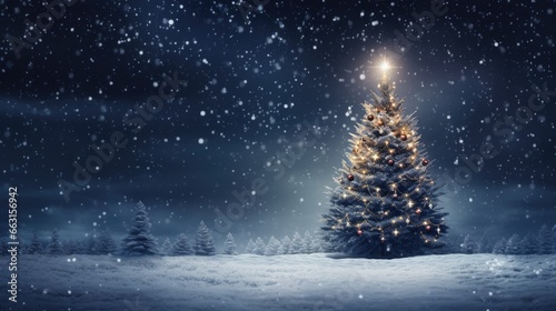 Illuminated christmas tree at night with falling snow and copy space © HN Works