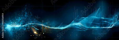 Abstract technology banner background, Network light effect, blue and orange color. Concept visualization of sound waves. Generation AI.
