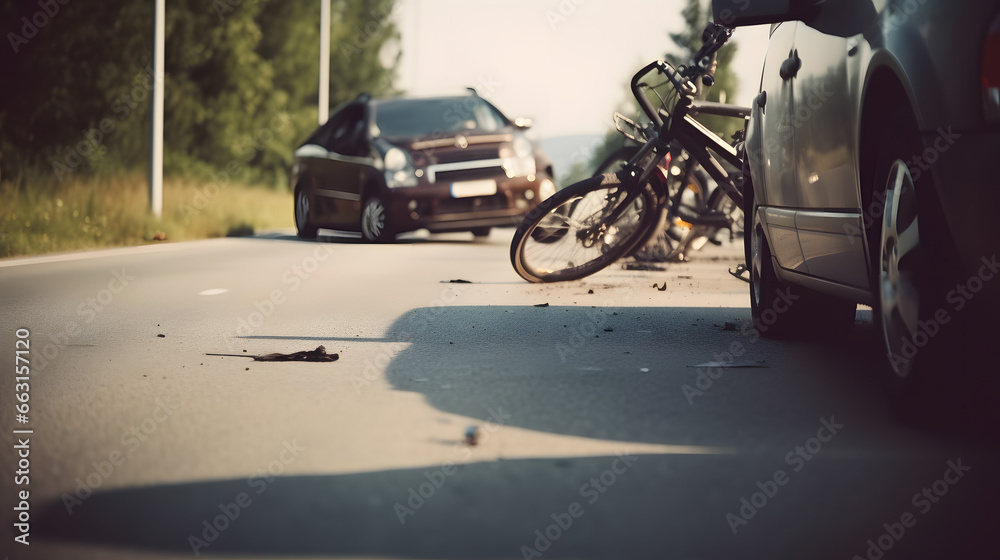Naklejka premium Concept traffic accident between bicycle and car. Fast or drinking driver hit cyclist on road, sunlight
