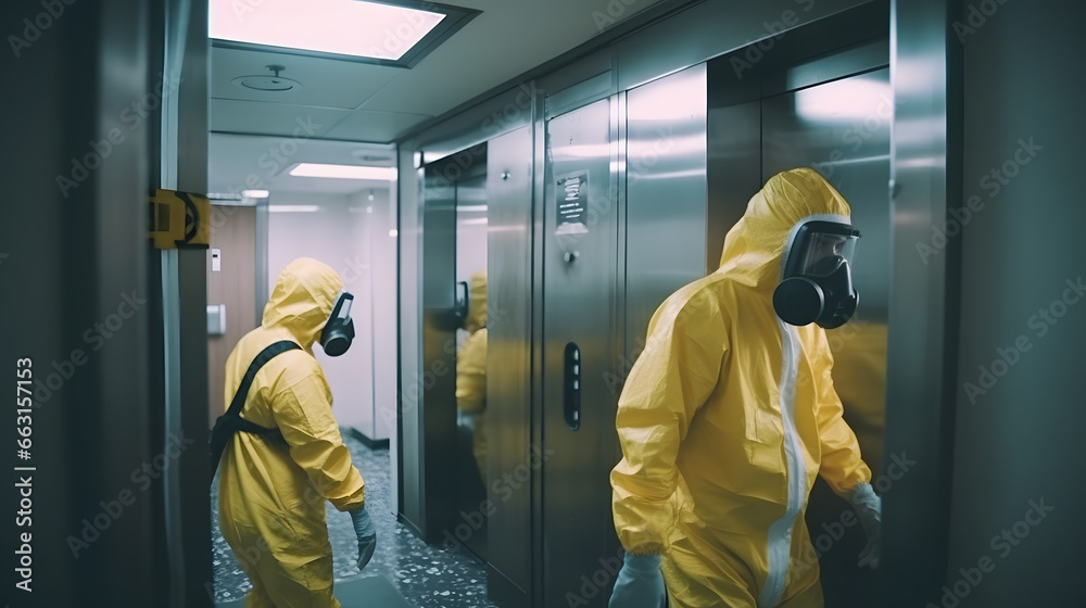 Team people in hazmats making cleaning in lift apartment. Concept biosecurity disinfection Team people in hazmats making cleaning in lift apartment. Concept biosecurity disinfection