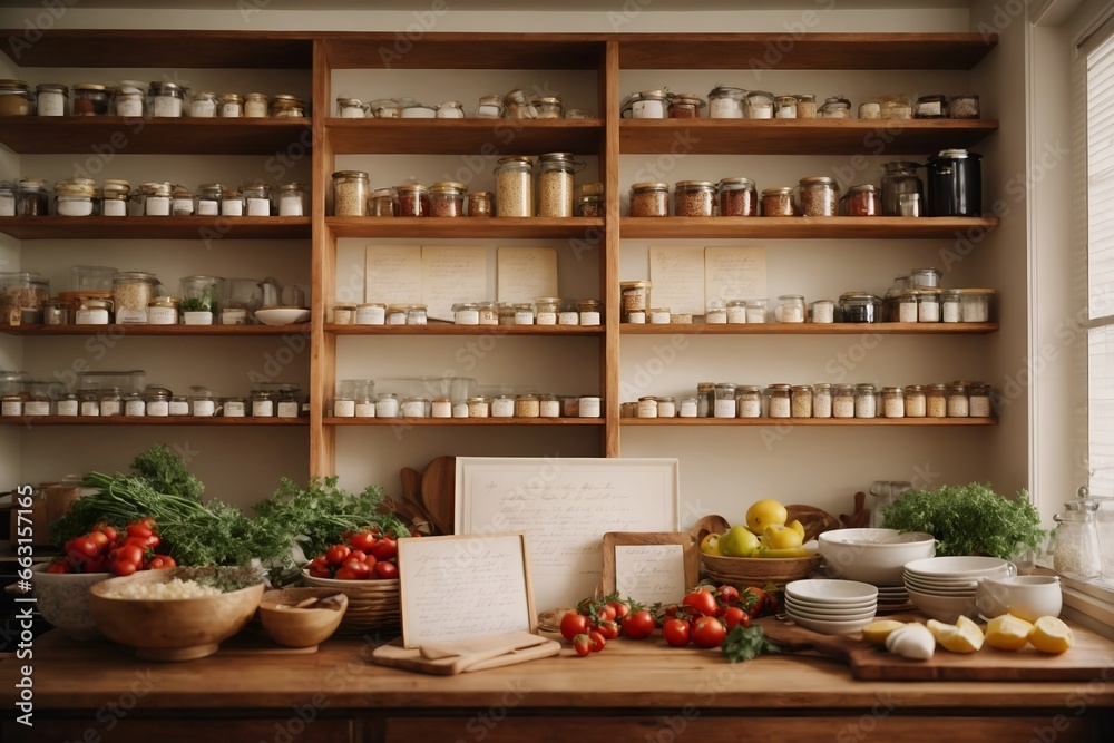 Family recipes displayed on kitchen shelves