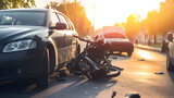 Concept traffic accident between bicycle and car. Fast or drinking driver hit cyclist on road, sunlight