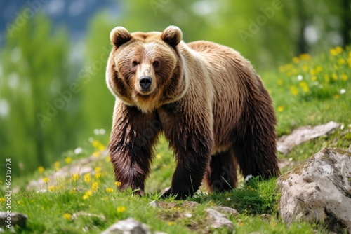 Brown bear moving on the green meadow in springtime nature. © ABULKALAM