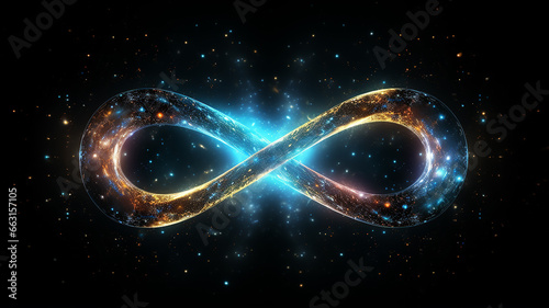 glowing multicolored infinity symbol galaxy black cosmos, singularity sign isolated on background photo