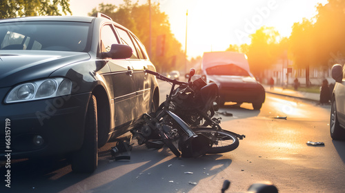 Concept traffic accident between bicycle and car. Fast or drinking driver hit cyclist on road, sunlight