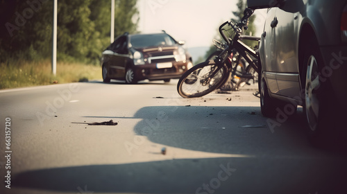 Concept traffic accident between bicycle and car. Fast or drinking driver hit cyclist on road, sunlight