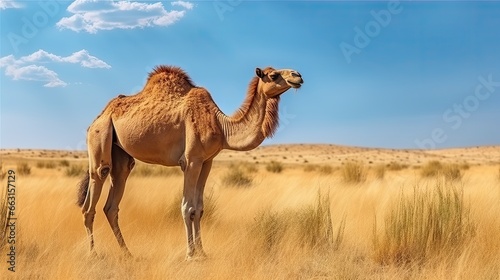 Dromedary or Arabian camel, Camelus dromedarius, even-toed ungulate with one hump on back. Camel in the long golden grass in Shaumary Reserve, Jordan, Arabia. Summer day in wild nature.