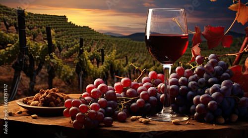 Verre de vin rouge et grappe de raisin au milieu d'un vignoble en France.