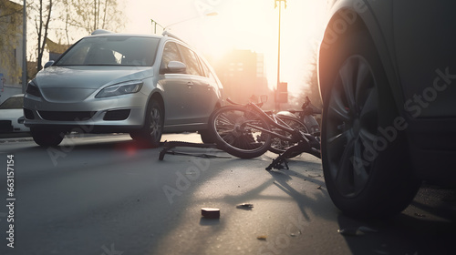 Bicycle traffic accident on road. Driver of Car hit biker of cycle on City Street, sunlight