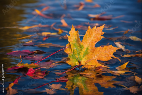 Already yellowed maple leaves in late autumn, forest in late autumn, yellow leaves in water in the rain, late autumn background