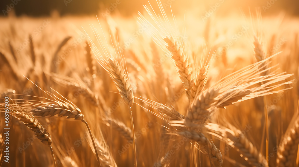 Closeup ears of golden wheat. Banner Beautiful nature sunset landscape field. Rural harvest background with sunlight Closeup ears of golden wheat. Banner Beautiful nature sunset landscape field. Rural harvest background with sunlight