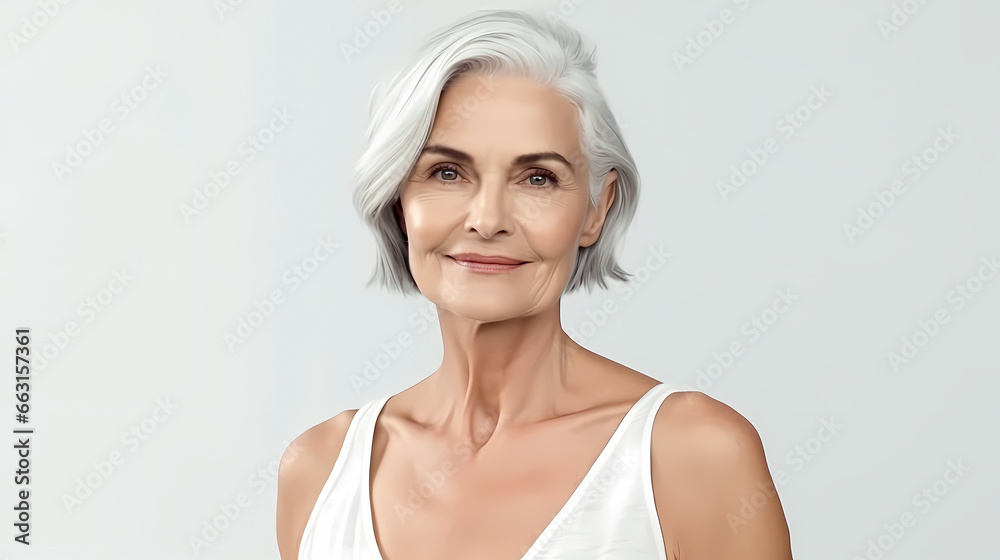 Portrait happy senior woman looking at camera. Lady Antiage skincare, grey studio background Portrait happy senior woman looking at camera. Lady Antiage skincare, grey studio background