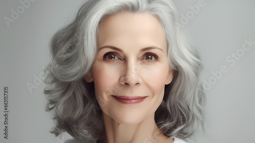 Portrait happy senior woman looking at camera. Lady Antiage skincare, grey studio background