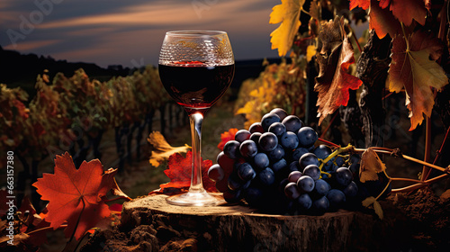 Verre de vin rouge et grappe de raisin au milieu d'un vignoble en France. photo