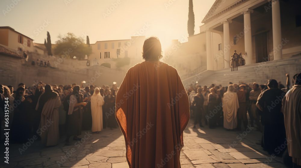 Rear view Jesus preaches to people on streets of Rome. Concept of spread of Christianity - obrazy, fototapety, plakaty 