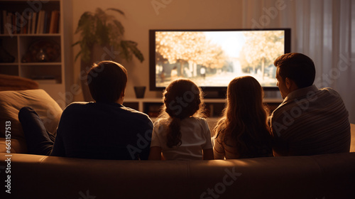 Back view of family watching TV on sofa at home in evening.