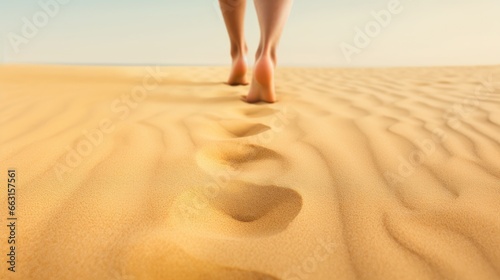 Single human barefoot footprint of right foot in brown yellow sand beach background, summer vacation or climate change concept, copy space © HN Works