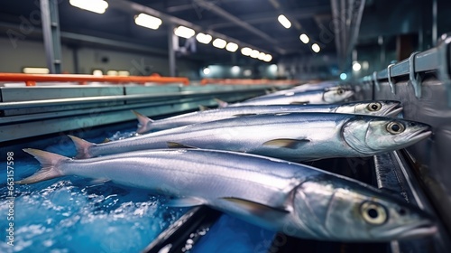 Conveyor belt in a fish processing with a line of fresh trout in food industry factory.