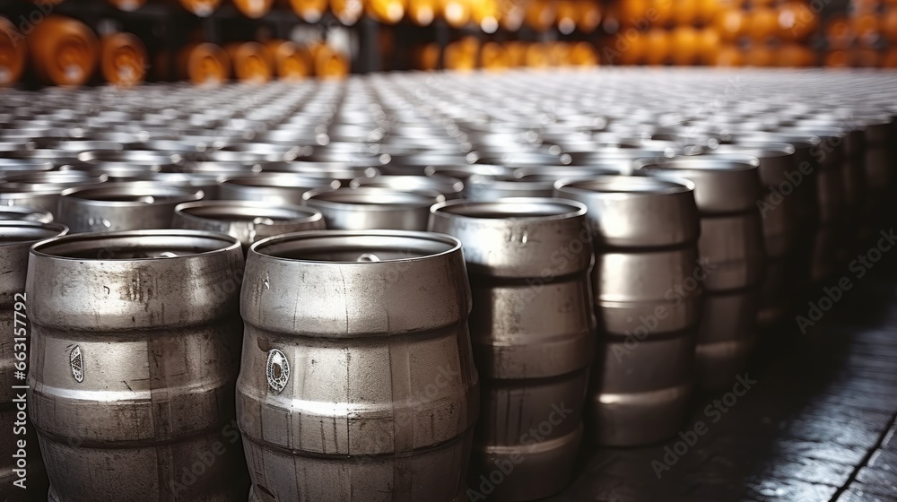 A large quantity of beer kegs, Beer storage. - obrazy, fototapety, plakaty 