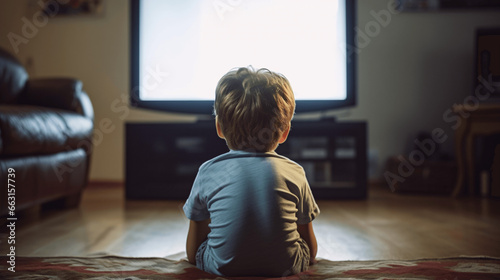 Rear view of a boy sitting on the floor and watching tv photo