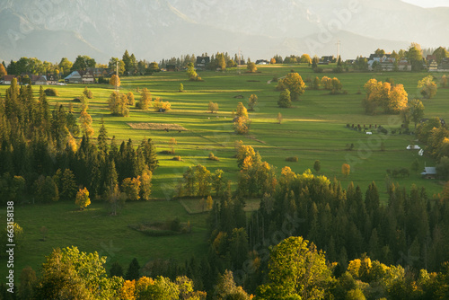 Views of rural farm fields and the Tatra Mountains from Suche, a village near Zakopane, Poland