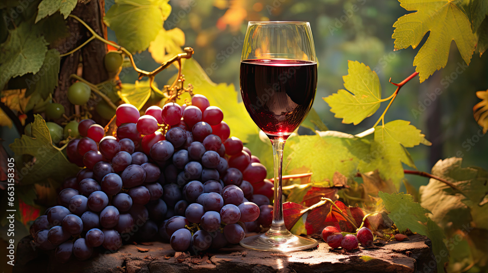 Verre de vin rouge et grappe de raisin au milieu d'un vignoble en France.