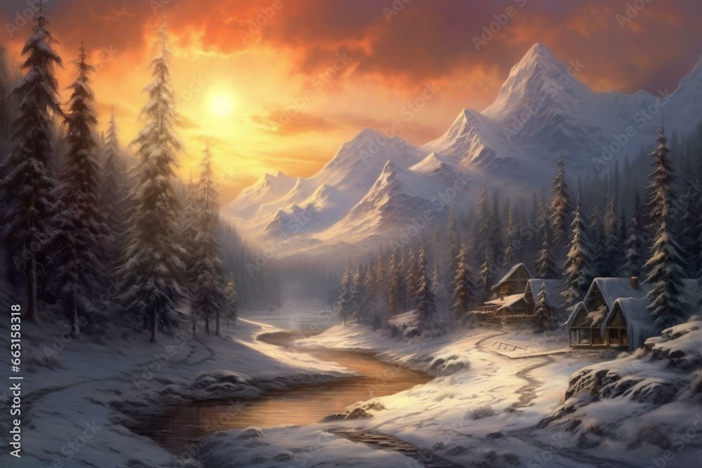 Enchanting winter scenery with falling snow over majestic mountains and hills, depicted artistically. Generative AI