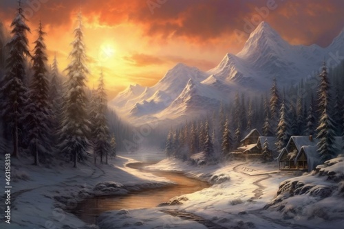 Enchanting winter scenery with falling snow over majestic mountains and hills, depicted artistically. Generative AI