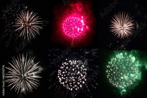 Set of festive real colorful firework round shapes on black background for overlay blending mode of yours design project. photo