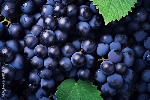 Flat lay background of vines, lots of organic blue dark grapes.