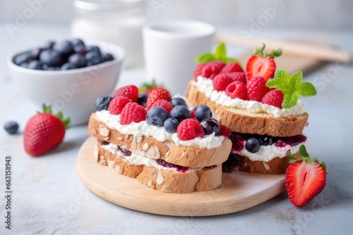 Fresh breakfast with Blueberry  Strawberry  raspberry ricotta rye sandwiches.