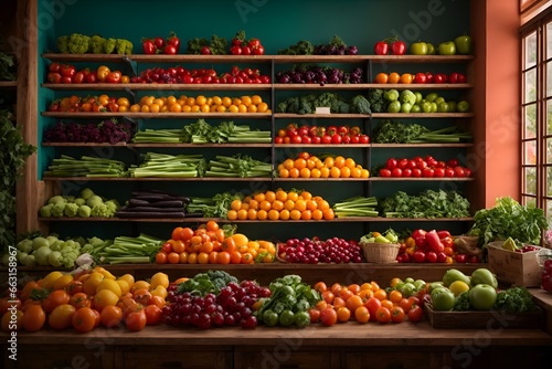 Kitchen shelves used to display fresh fruits and vegetables, photo