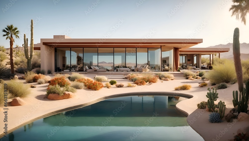 Luxurious desert dream house with an infinity pool, cacti gardens, and breathtaking views of sand dunes