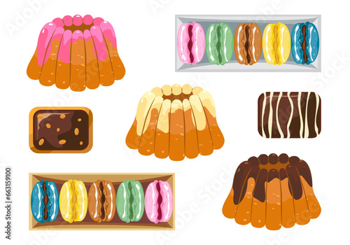 Bakery snacks, desserts, chocolate cookies, mini bundts cake, and macarons. Delicious. Vector illustration isolated on a white background.
