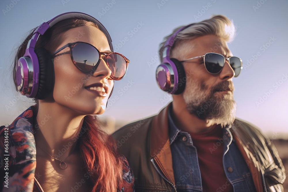 Charming woman and man with headphones. Stylish people with sunglasses listening to music. Generate ai
