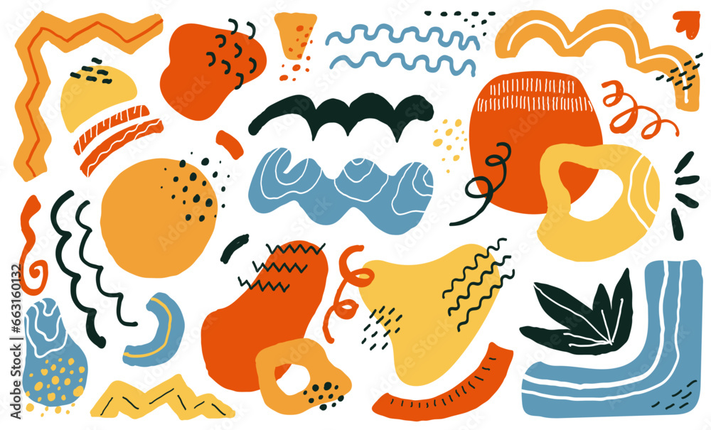 Creative minimalist art header with different shapes and textures Hand drawn various wavy brutal naive squiggles and doodle objects. Floral and botanical colored icon