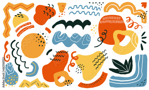 Creative minimalist art header with different shapes and textures Hand drawn various wavy brutal naive squiggles and doodle objects. Floral and botanical colored icon
