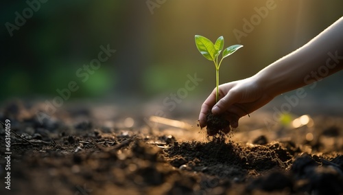 Human hand planting a tree on fertile soil, Ecology concept