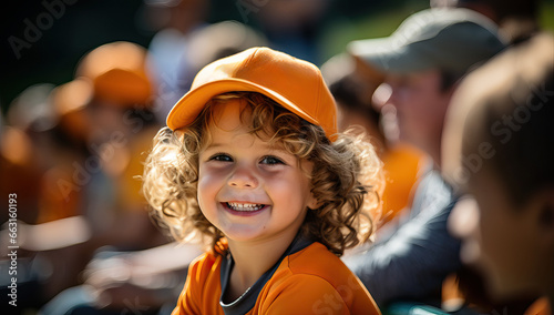 Little boy with curly hair in orange baseball cap sitting on bench and smiling