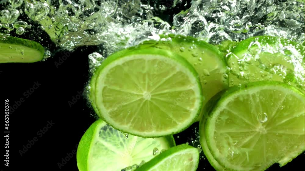 Lime pieces fall under water. Filmed on a high-speed camera at 1000 fps. High quality FullHD footage Lime pieces fall under water. Filmed on a high-speed camera at 1000 fps. High quality FullHD footage