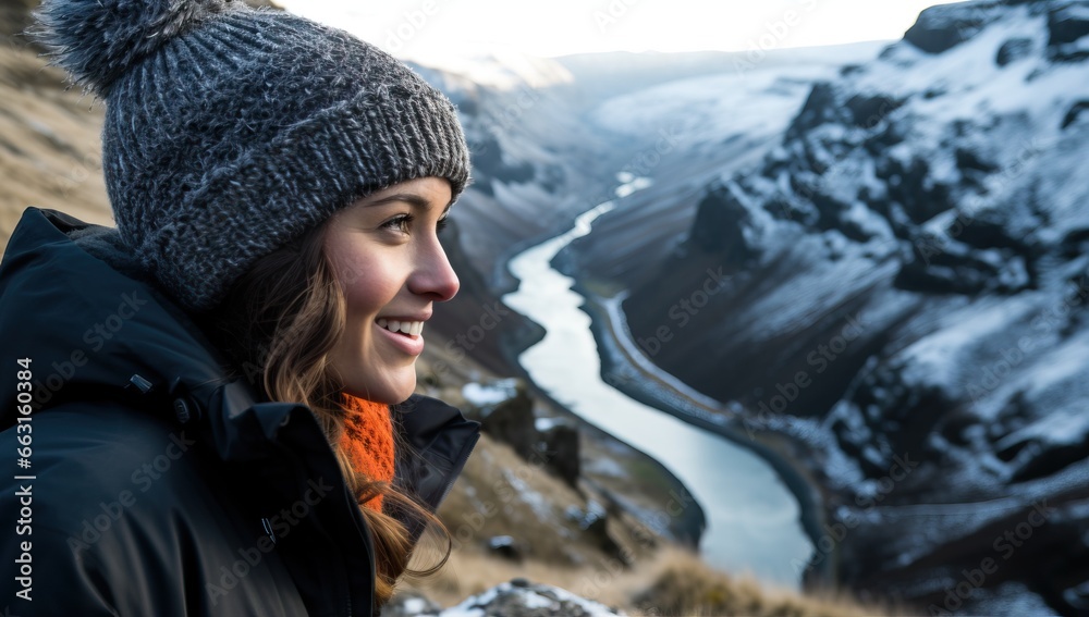 Young woman enjoying the view of a winter mountain river