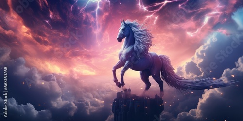 Fantastic starry sky fluffy clouds and a magical unicorn, AI Generative