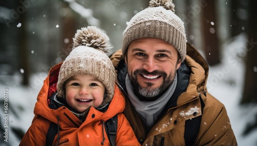 Portrait of a happy father and son in the winter forest.