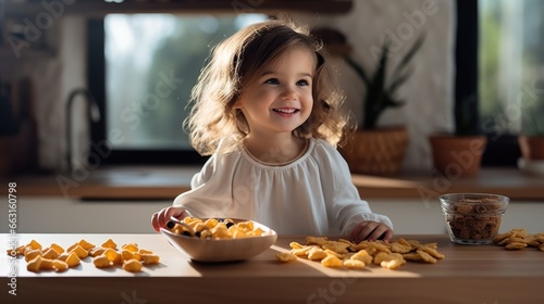 Cute little girl snacking on dried fruits in the kitchen at morning.