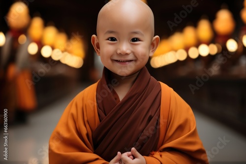 Chinese child dressed as a Buddhist monk with a bald head and round face, a smile on his face.