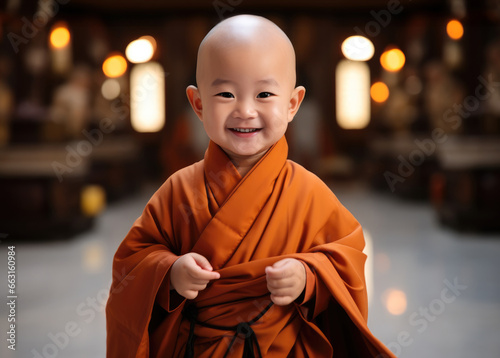 Chinese child dressed as a Buddhist monk with a bald head and round face, a smile on his face.