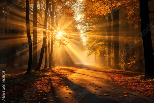 Beautiful autumn forest nature with vivid morning light background © Nuchylee