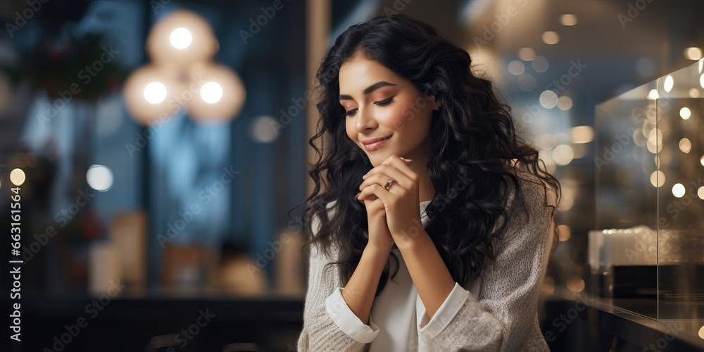 young woman in beige sweater in cafe
